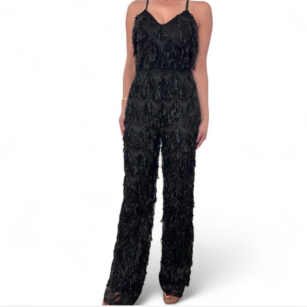 Chic Eyelash Fringe Black Party Jumpsuit Womens Size Large/XL